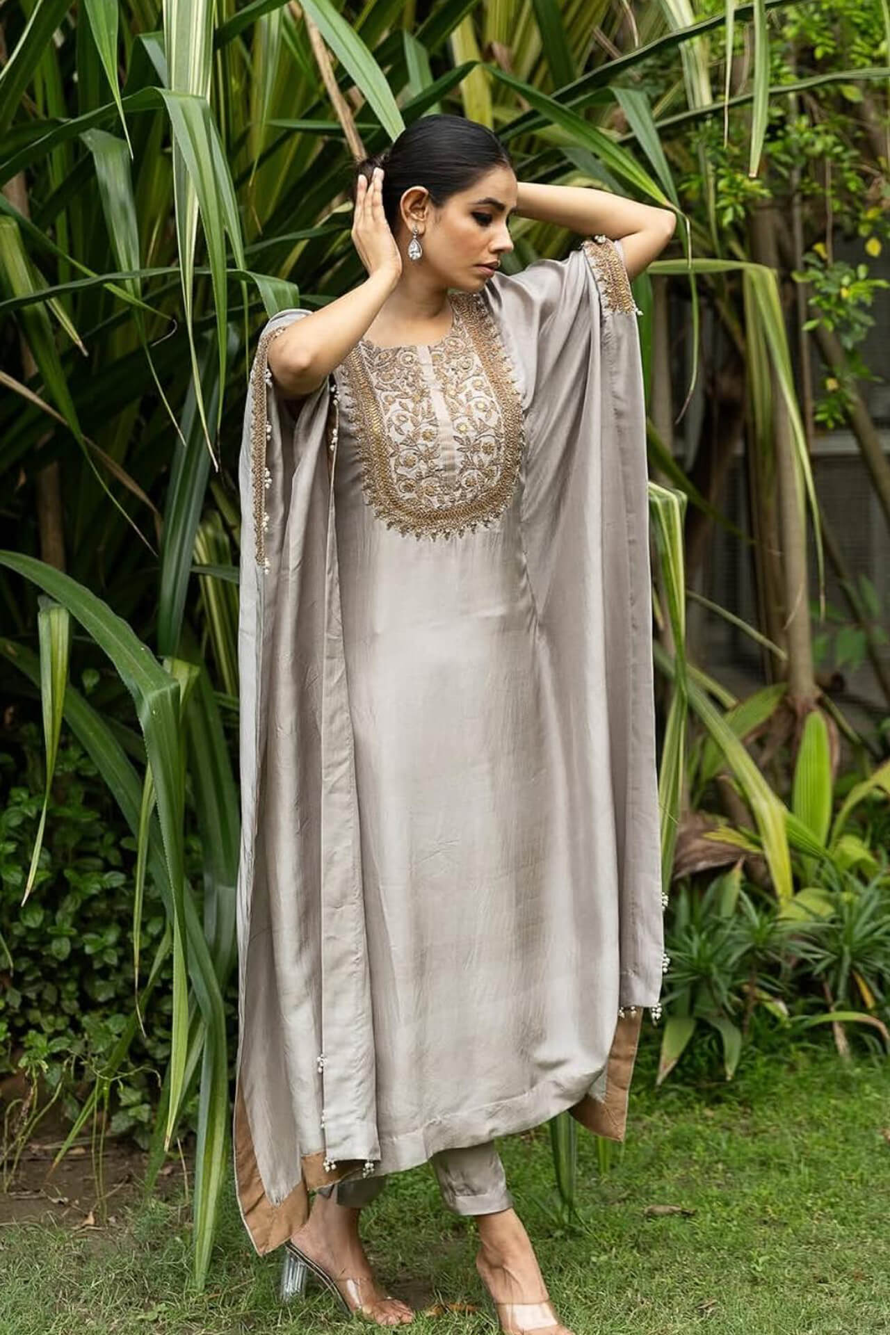 Grey With Embroidered Yoke Kaftan Set