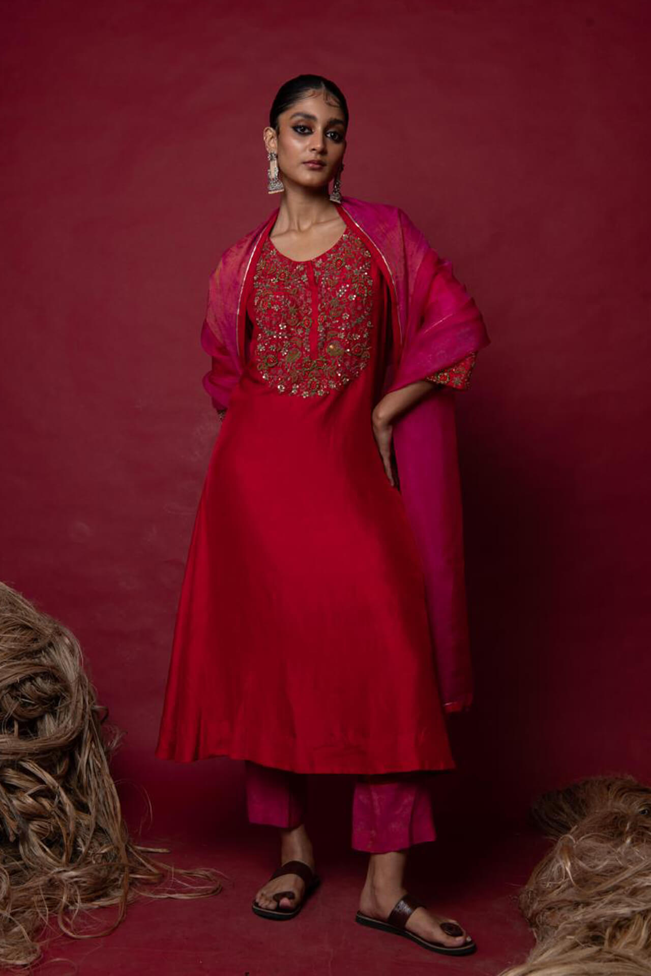Rich Fuscia Embroidered Suit Set