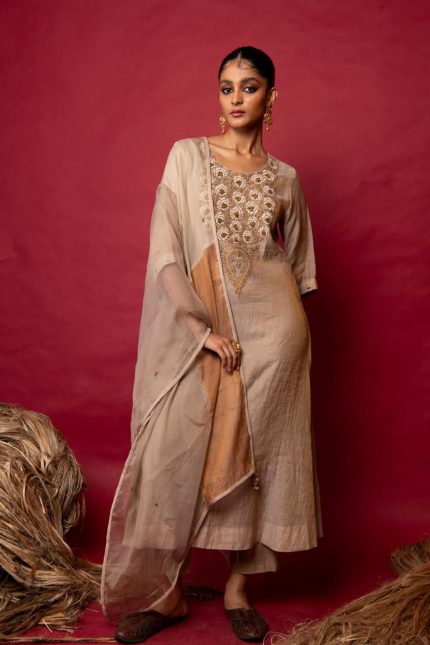 Beige Embroidered Yoke Kurta Set