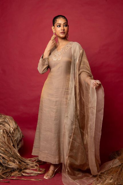 Beige Minimal Embroidered Suit Set