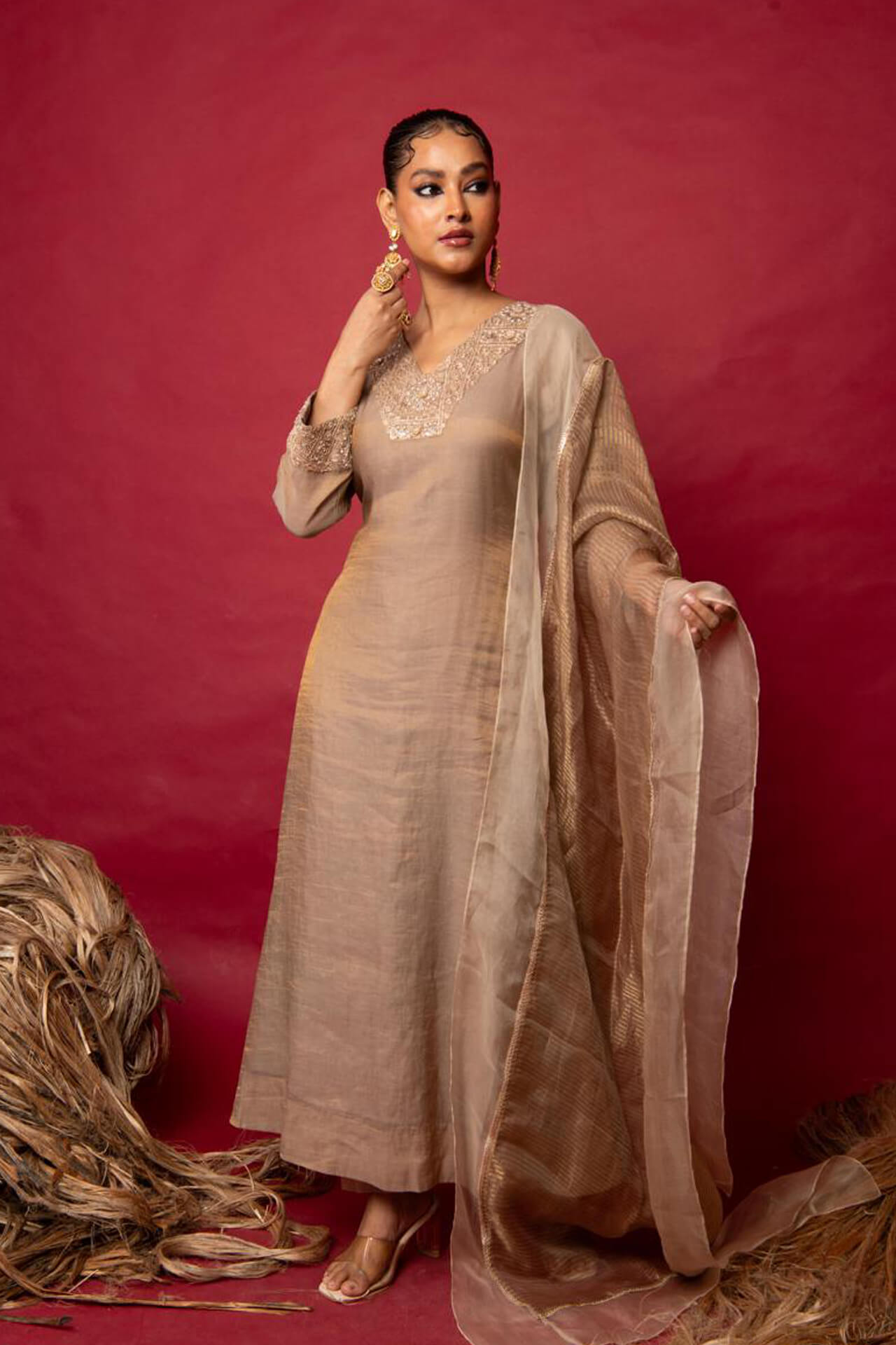 Beige Minimal Embroidered Suit Set