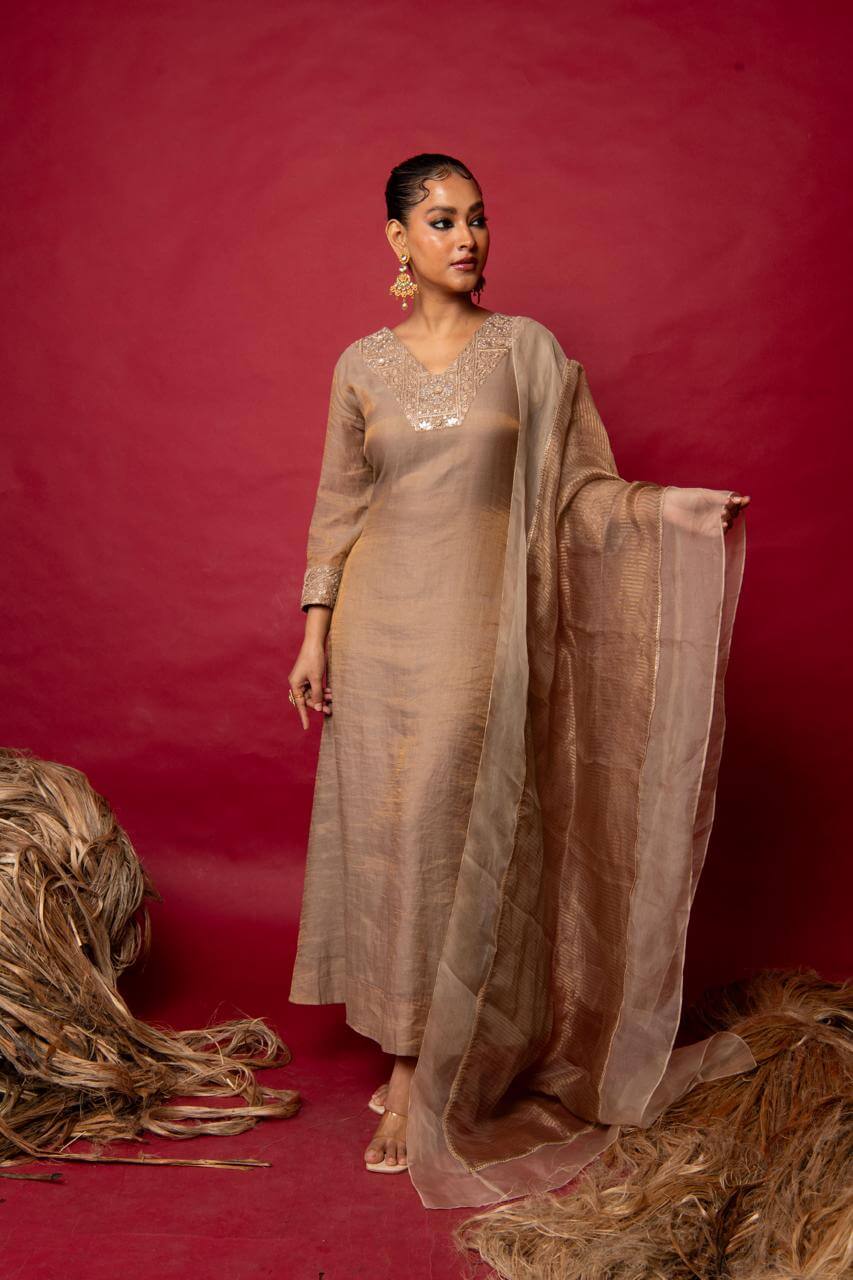 Beige Minimal Embroidered Suit Set