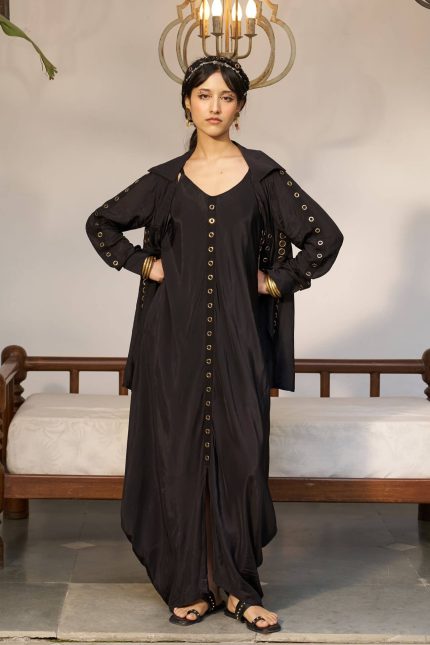Rivet Cowl Dress With A Waterfall Jacket