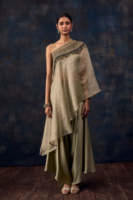 Aqua Thread Embroidered Crushed Tissue Off Shoulder Dress With Bustier &  Satin Pant