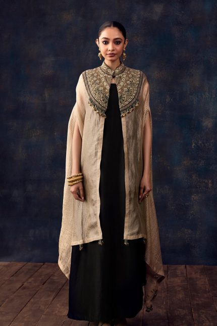 Beige Yoke Emotions Crushed Tissue Jacket With Long Dress