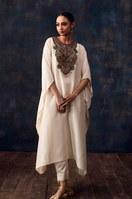 Off-White Thread Embroidered Kaftan Set