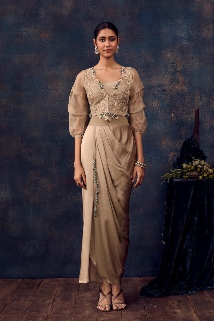 Beige Embroidered Jacket Bustier & Draped Skirt Set