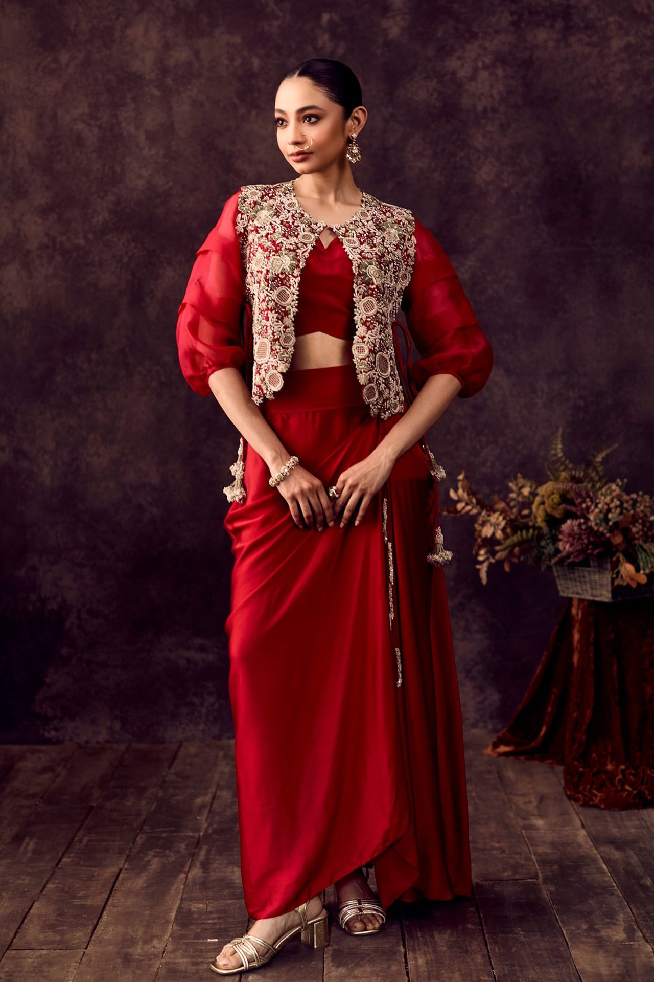 3 Cherry Red Heavy Embroidered Jacket Bustier With Draped Skirt Set - Image 1