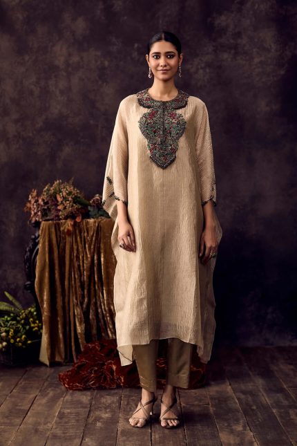 Beige Heavy Yoke Embroidered Kaftan Set