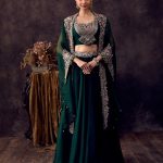 Bottle Green Heavy Embroidered Bustier Skirt & Cape Set