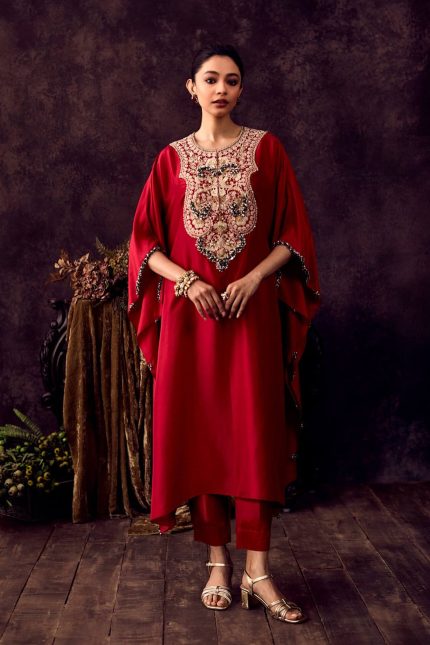 Red heavy yoke embroidered kaftan set