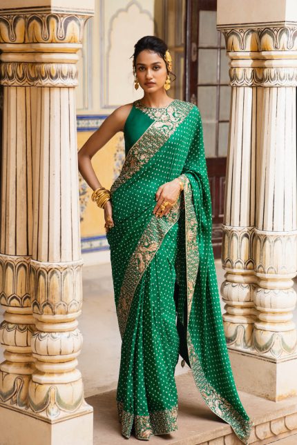 Peacock And Lotus Bandhni Saree Set