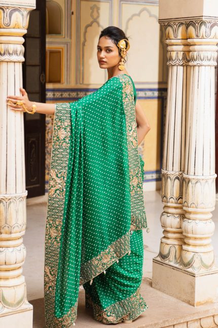 Peacock And Lotus Bandhni Saree Set