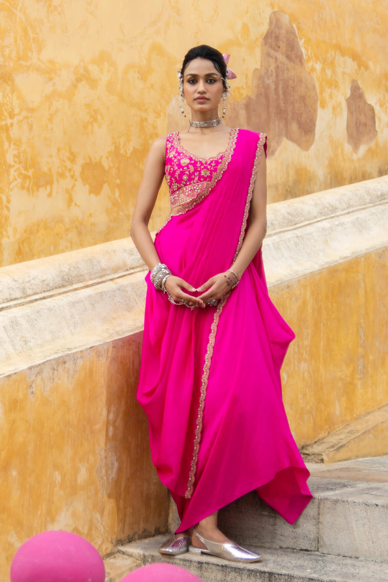 Bright Fuschia Draped Saree Set