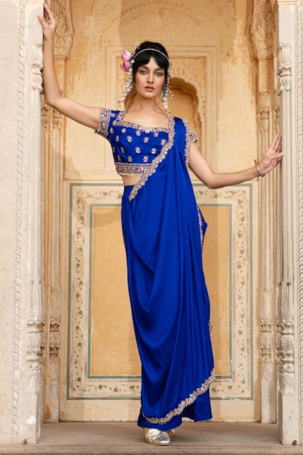 Electric Blue Pre Draped Saree Set
