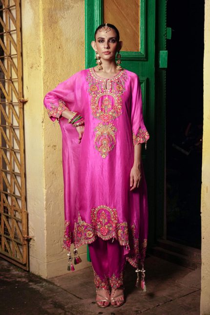 Hot Pink Aari Tota Kaftan Set