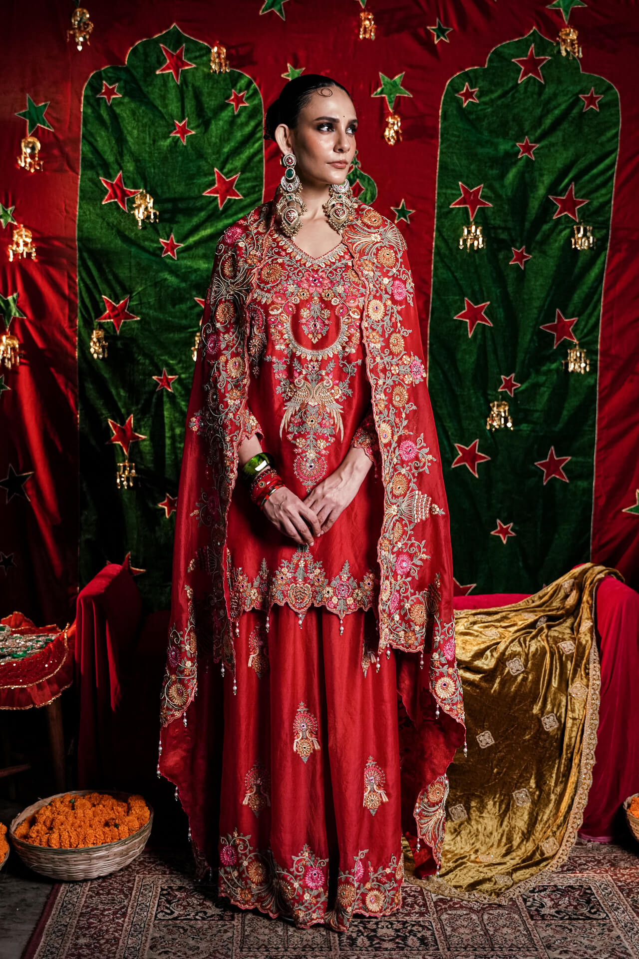 BWS00060-NAB-ATS-RE_01 Red Aari Embroidered Sharara Set - Image 1
