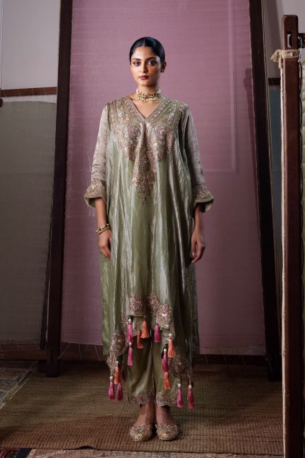 Olive Green Dori Embroidered Kaftan Set
