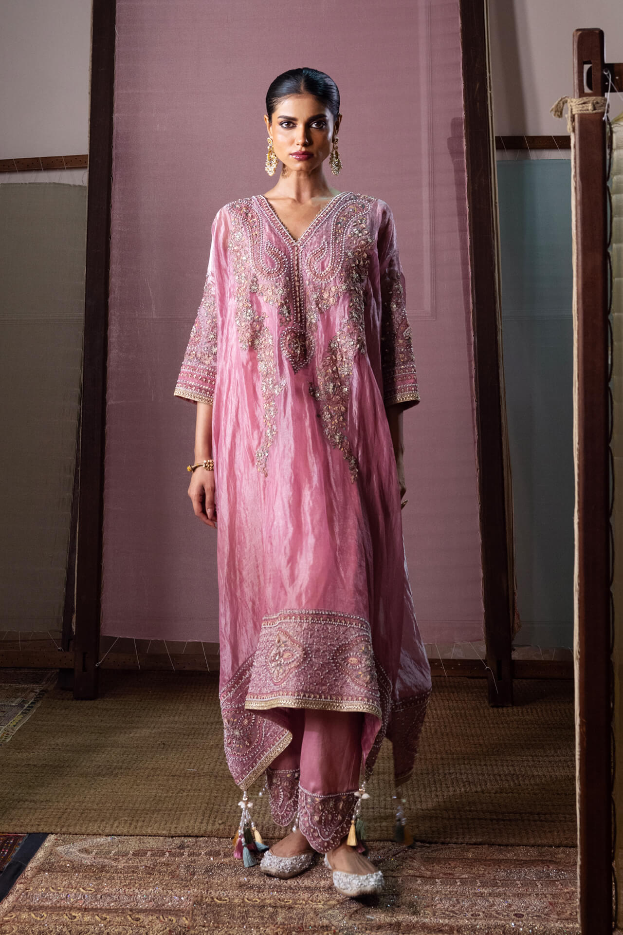 Pink Long Yoke Embroidered Kaftan Set