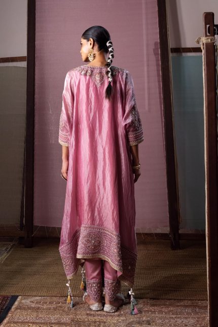 Pink Long Yoke Embroidered Kaftan Set