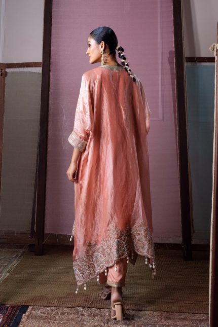 Peach Dori Embroidered Kaftan Set