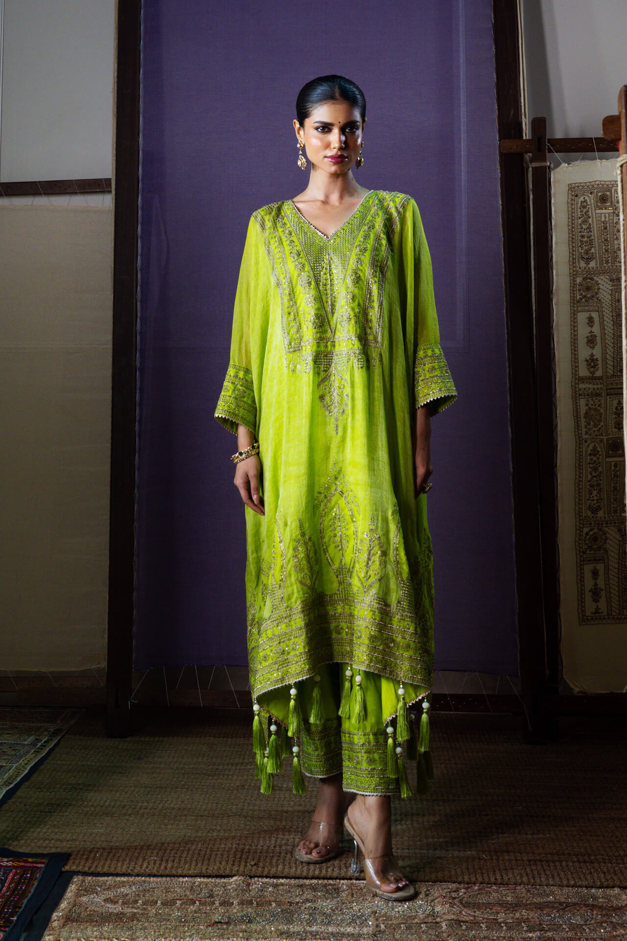 Lime Green Zari Embroidered Ektaar Kaftan Set 1 Lime Green Zari Embroidered Ektaar Kaftan Set