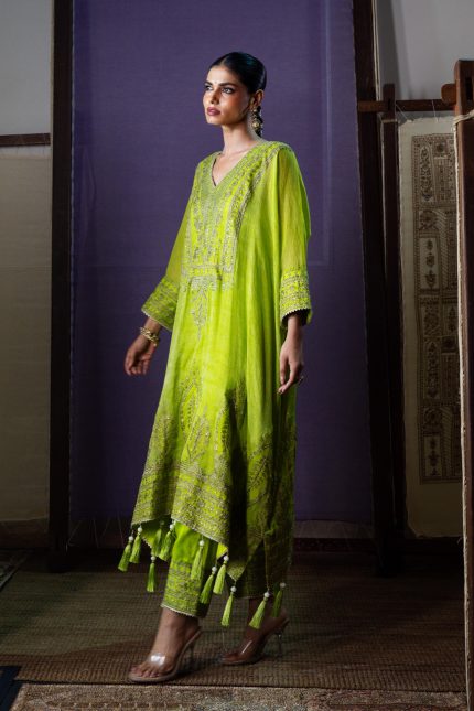 Lime Green Zari Embroidered Ektaar Kaftan Set