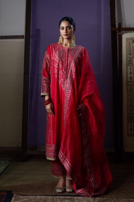 Red Zari Embroidered Ektaar Suit Set