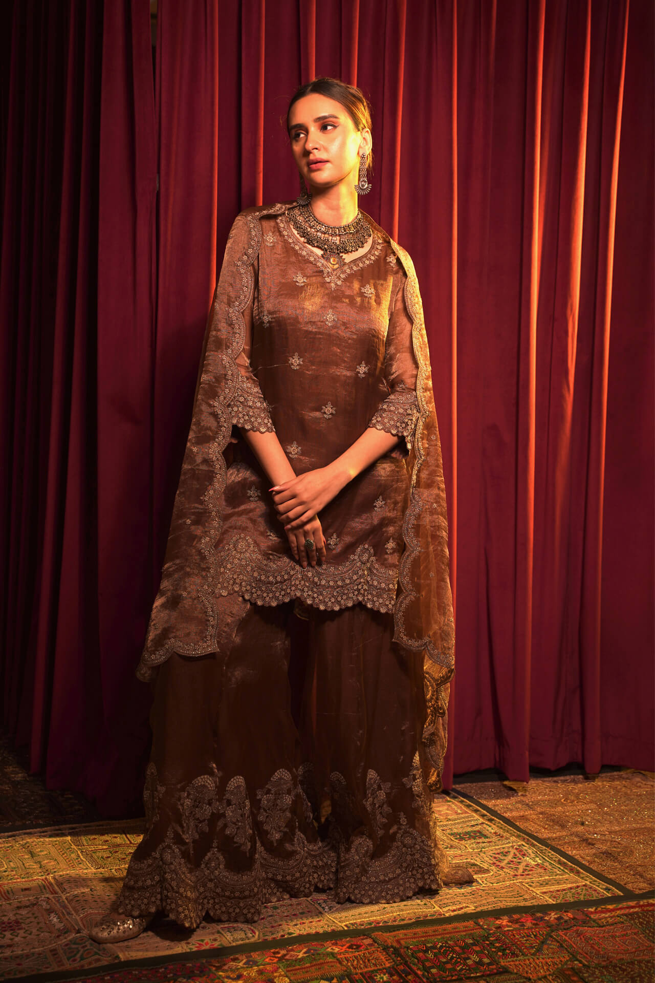 Brown Raina Tissue Embroidered Sharara Set