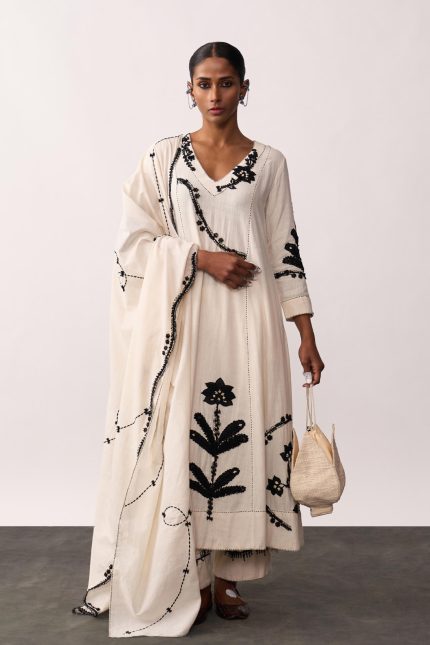 Sucheta White V Neck Suit Set