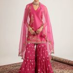 Fuchsia Pink V-Neck Short Kurta Sharara Set