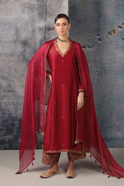 Maroon V Neck A-Line Kurta Set