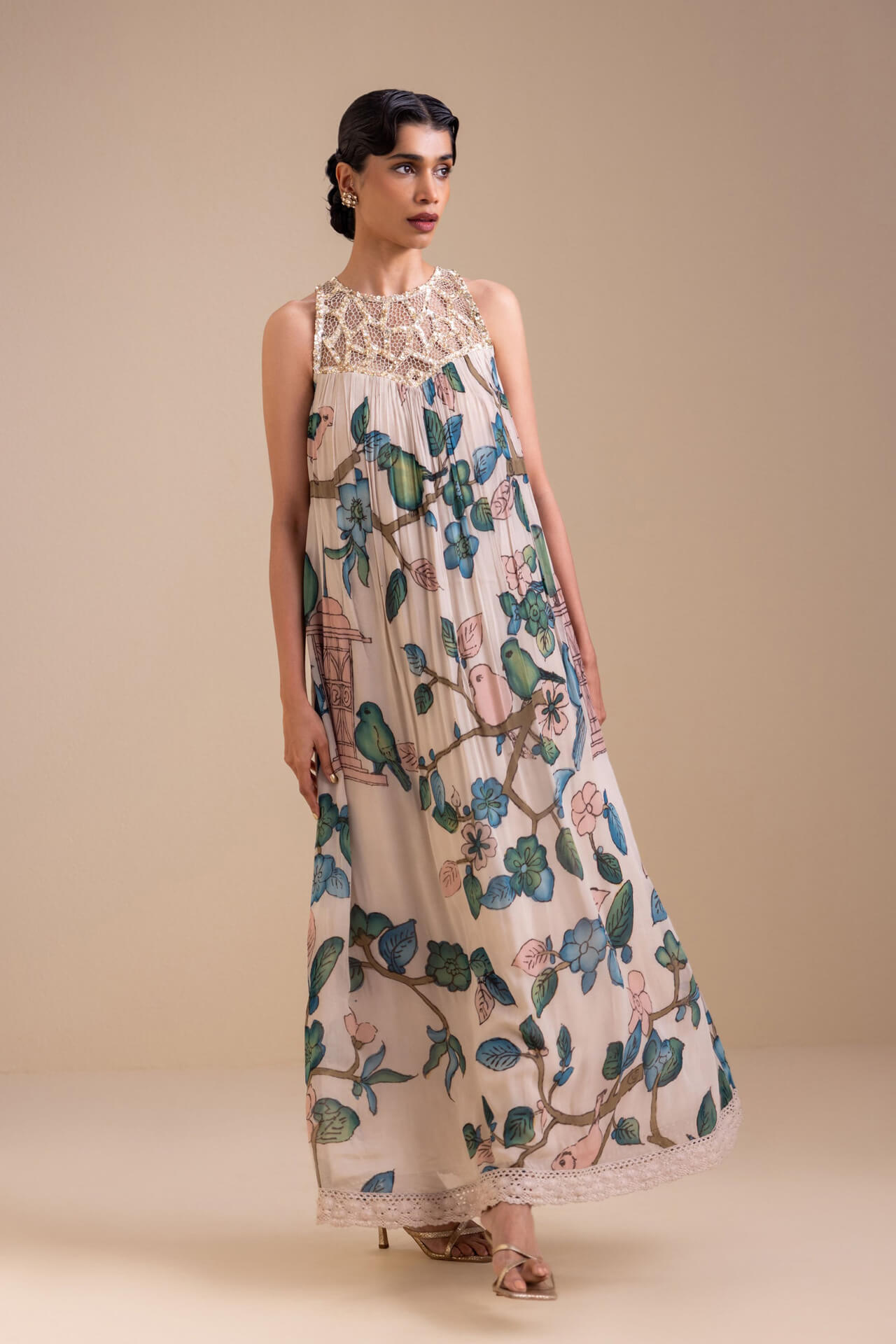1 Birds Outside Cages Ivory Kalamkari Maxi - Image 1