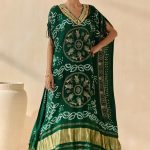 Bottle Green Bandhani Golden Tassel Kaftan