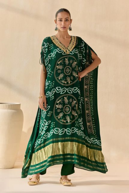 Bottle Green Bandhani Golden Tassel Kaftan