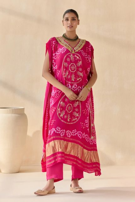 Fuchsia Pink Bandhani Golden Tassel Kaftan