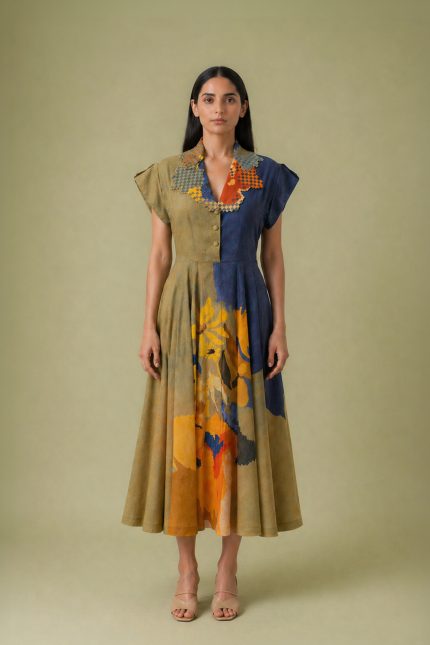 Ikat Cutwork Collar Midi Dress