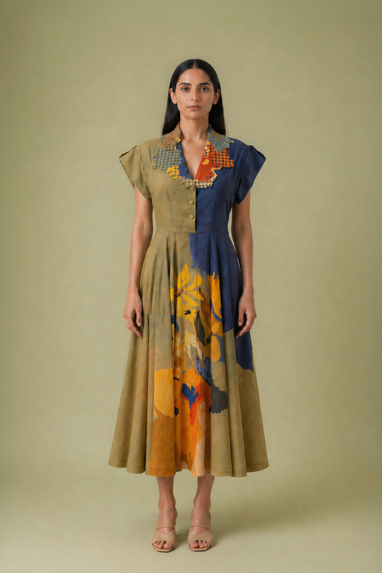 BWS00344-D-204-4-MS-789-CWK_01 Ikat Cutwork Collar Midi Dress - Image 1