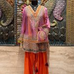 Pink V- Neck Highlighted Short Kurta with Farshi Salwar