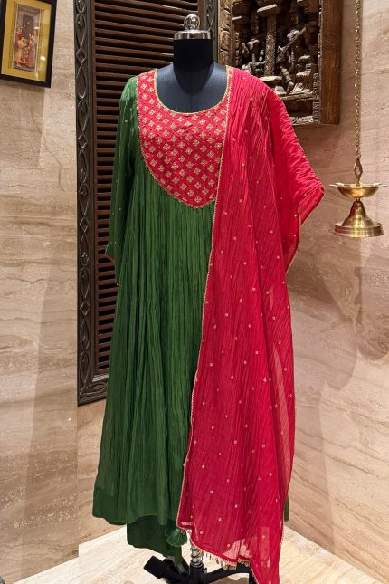 Olive Green & Red Embroidered Gathered Yoke Kurta With Pants & Dupatta