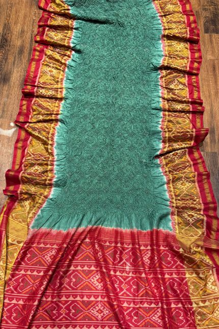 Traditional Green Crushed Bandhani Silk Patola Border Saree