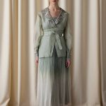 Green Organza V Neck Daylight Blossom Jacket and Ombre Pleated Skirt Set