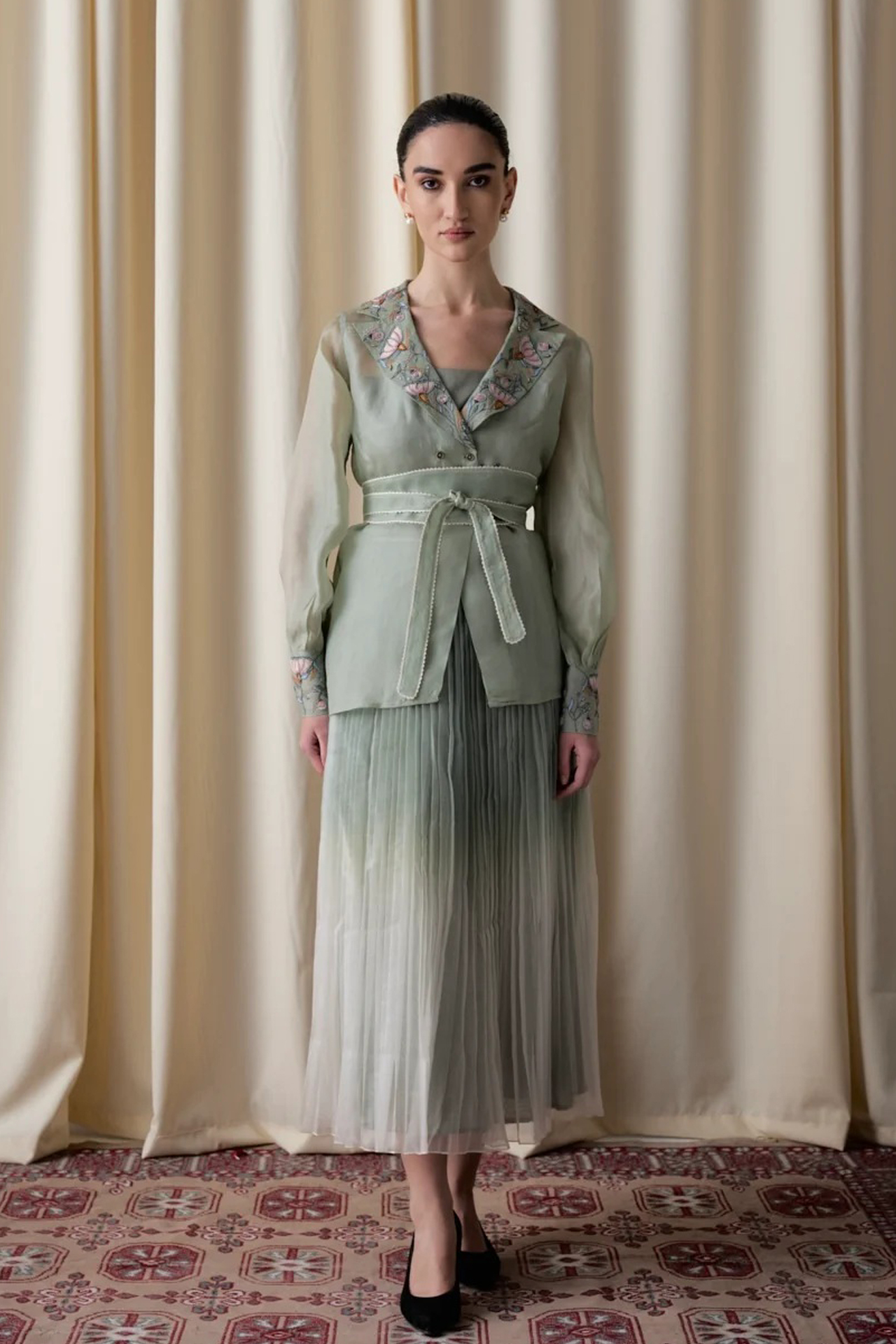 1 Green Organza V Neck Daylight Blossom Jacket and Ombre Pleated Skirt Set - Image 1