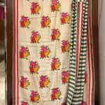 Beige Floral Red Stripped Printed Saree With Unstitched Blouse