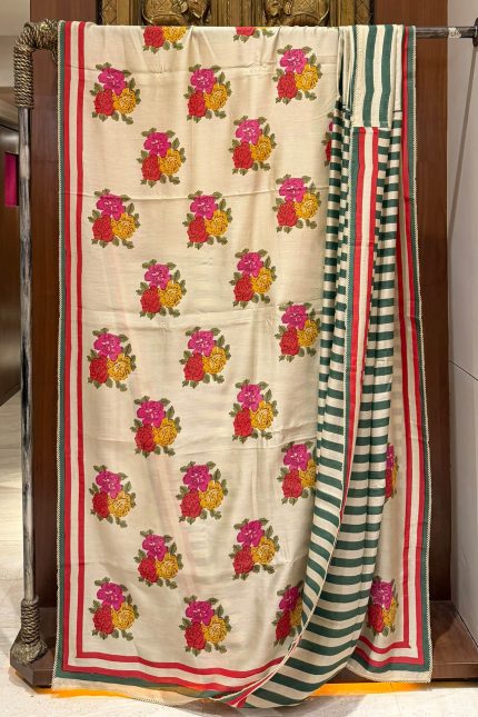 Beige Floral Red Stripped Printed Saree With Unstitched Blouse