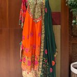 Orange Heavy Embroidered Kurta with Beige Pant & Green Dupatta