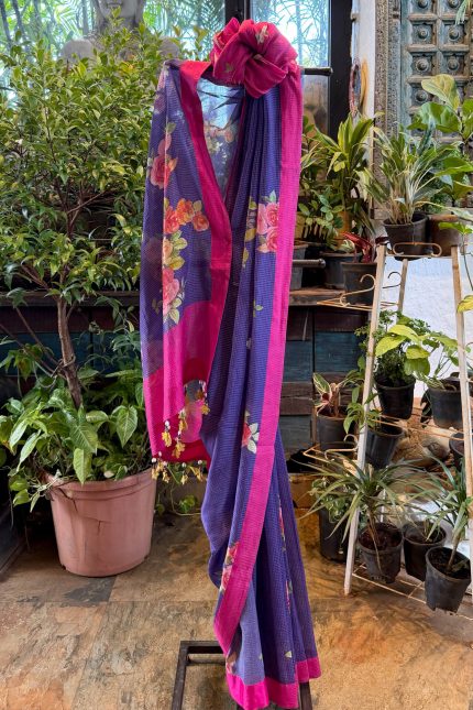 Purple Floral Gold Checks Printed Pink Border Saree