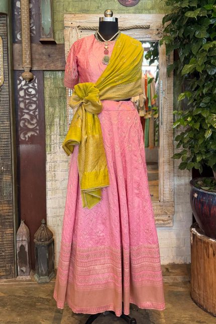 Baby Pink Banarasi Skirt with Crop Top & dupatta