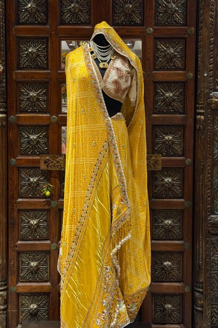 Mustard Yellow Embroidered Bandhani Saree