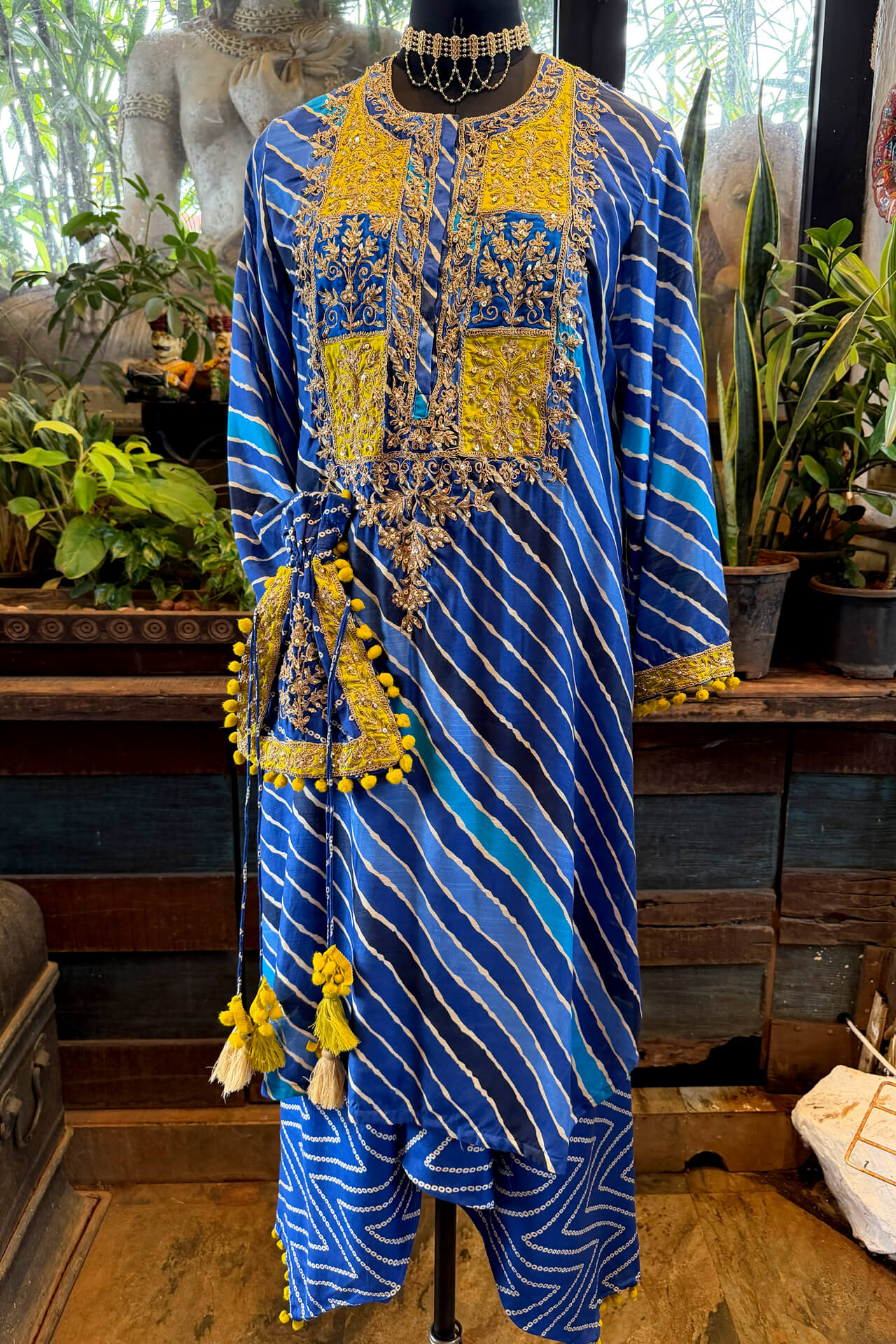1 Blue Leheriya Green Embroidered Yoke Kurta With Harem Pant & Potli - Image 1